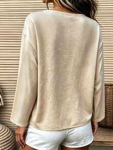 Trelyra French Commuter Vintage Wooden Button Textured Thin Top, Slouchy Half-Open Collar Double Pocket Rolled Sleeve Loose Casual Shirt - Khaki - View 2