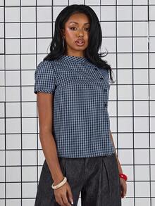 COUREZ Short Sleeve Micro Check Asymmetric Button Front Top /Y2K Spring Clothes For Women Cute Cottagecore Tops Going Out Party Outfits Summer Tops Summer Outfits - Multicolor - View 4