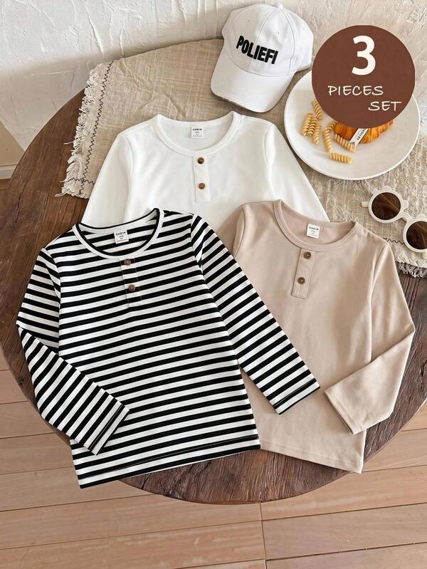 SHEIN Kids Young Boy Knitted Solid Color Striped Crew Neck Casual T-Shirt 3pcs Set