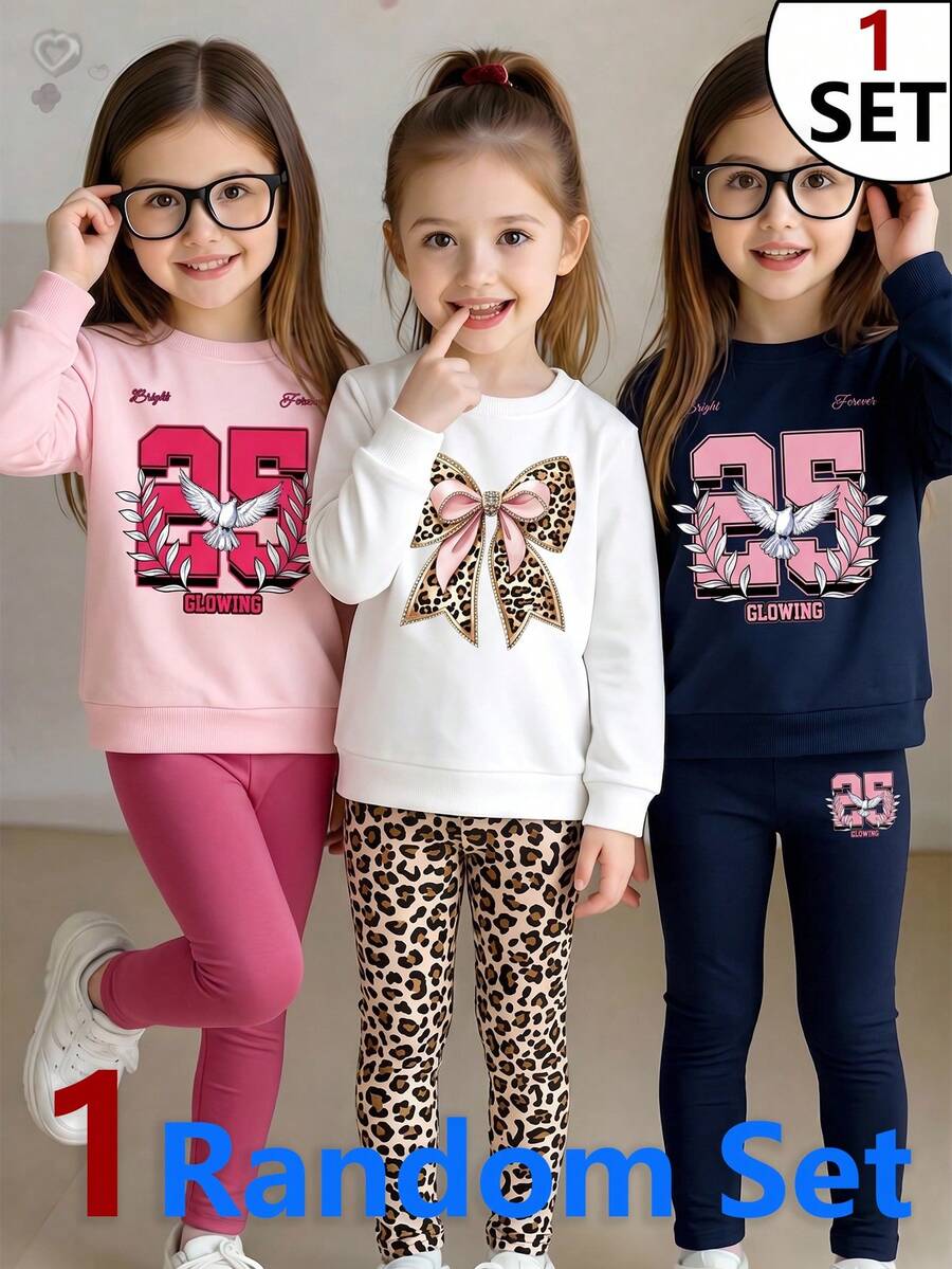 SHEIN 隨機發送 1 套,少女極簡休閒數字與字母印花圓領衛衣搭配同款圖案印花修身長褲套裝,以及豹紋蝴蝶結印花圓領衛衣搭配同款豹紋修身長褲套裝,適合秋冬日常穿著 - 彩色 - 查看 1