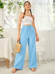 SHEIN Essnce Women's Casual Versatile Solid Color High Waist Long Pants - Mint Blue - View 5