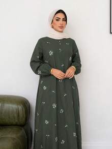 Solavon Plus Size Embroidered Fashion Vacation Dress, Pastoral Style, Versatile Green - Army Green - View 6