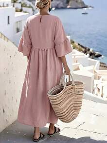 Ceyna Vestido de manga corta con pliegues para vacaciones en talla grande - Rosa - Ver 2