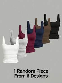 1 pieza aleatoria de 6 diseños; Camisola corta de cuello cuadrado de unicolor para niñas, prenda interior básica ajustada para capas - Multicolor - Ver 1