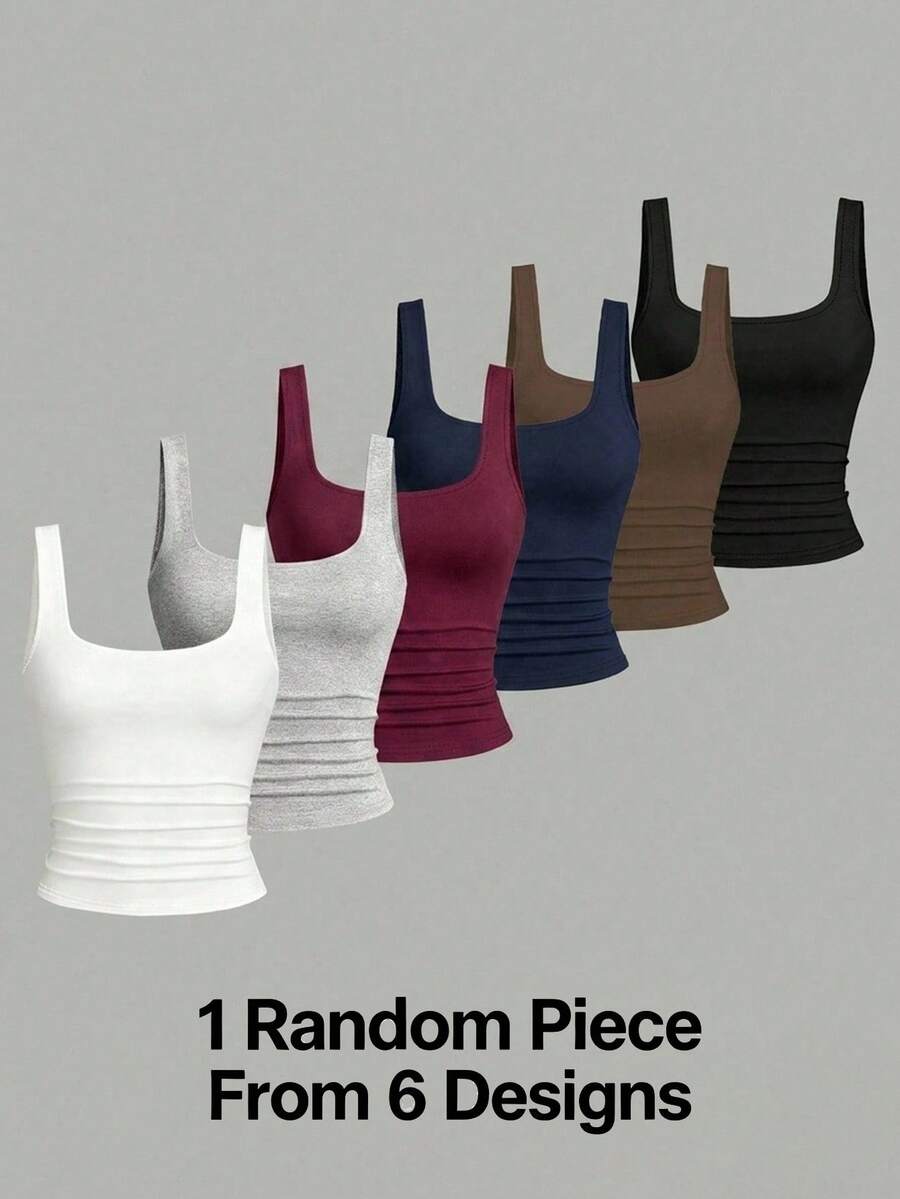 1 pieza aleatoria de 6 diseños; Camisola corta de cuello cuadrado de unicolor para niñas, prenda interior básica ajustada para capas - Multicolor - Ver 1