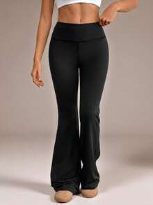 SHEIN Tall Women's Solid Color Slim Fit Versatile Daily Wear Flare Pants - Black - View 3