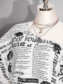 SHEIN ICON 大尺碼嘻哈時尚不對稱肩字母印花T恤 - 白色 - 查看 10