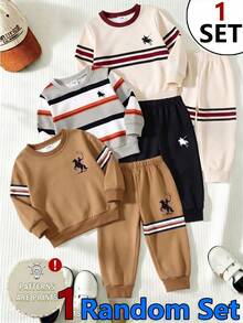 SHEIN 3 Sets Aleatorios Obtén 1 Set Sudadera de Cuello Redondo de Manga Larga con Estampado de Bloques de Color a Rayas y Pantalones Largos con Estampado a Juego, Adecuado para Actividades al Aire Libre en Otoño/Invierno - Multicolor - Ver 1