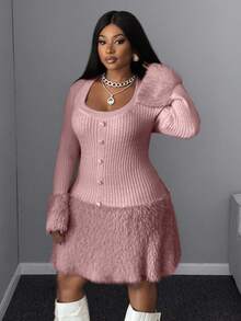 Maweii Plus Size Women Solid Color Elegant Fitted Fuzzy Heart Knitted Sweater Dress Winter - Pink - View 5