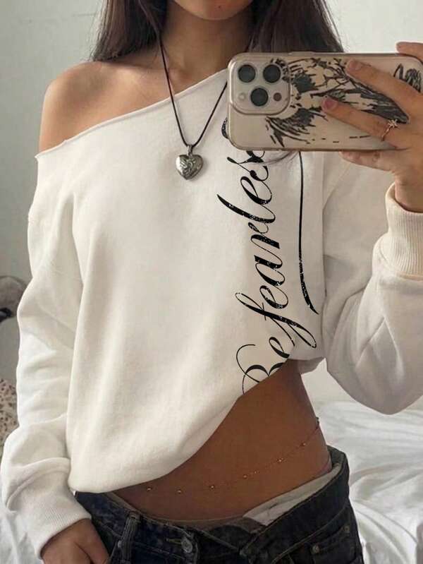 SHEIN EZwear Women's Off-Shoulder Loose Casual Long Sleeve Sweatshirt With Street Style English Graphic Print