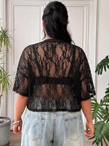 SHEIN EZwear 大尺碼女款刺繡優雅透視T恤，適合度假與派對 - 棕色 - 查看 2