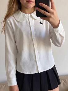 青少年女孩甜美可愛彼得潘領收腰襯衫 - 白色 - 查看 5