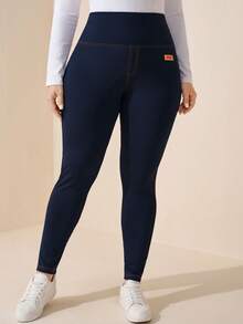 Comfylo Plus Size Women's Letter Print Denim High Waist Casual Leggings - Blue - View 3