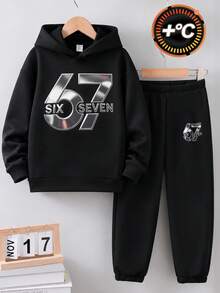 SHEIN Coolqubz 2件組男童黑色運動衫與長褲套裝，圖案印花，帥氣街頭風休閒服，適合春秋季，適合上學與外出 - 黑色 - 查看 4