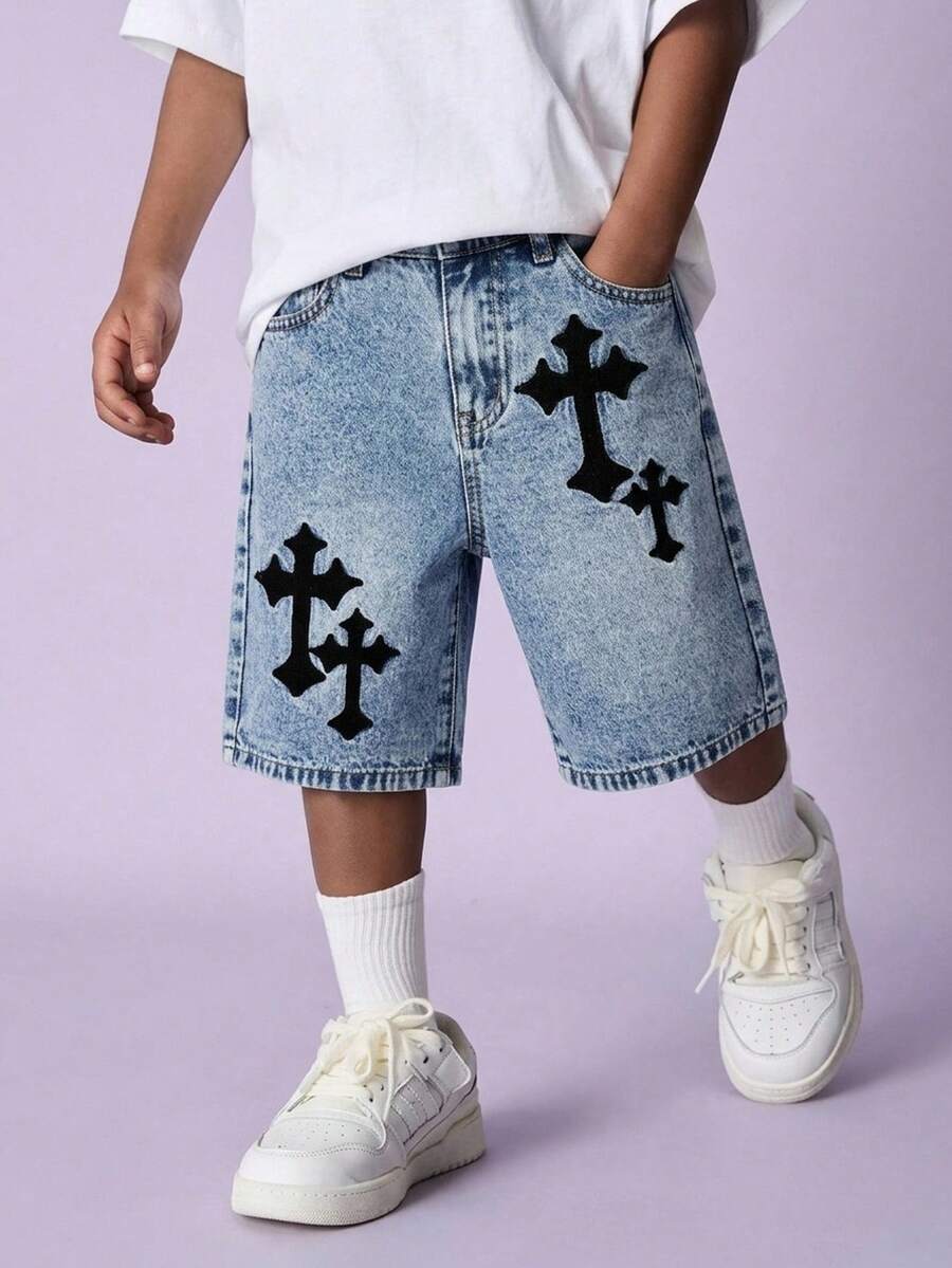 SHEIN Kids Boys' Oversized Cross Embroidered Blue Denim Shorts - Blue - View 1
