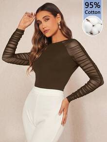 Amorya Women's Fashion Versatile Pleated Mesh Patchwork Top For Commute - Coffee Brown - View 4