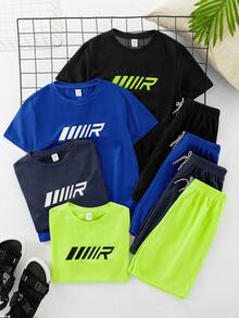 SHEIN 青少年男孩買6送2，8件/套休閒純色與字母圖案短袖圓領T恤及彈性腰短褲套裝，適合秋冬春夏，戶外玩耍、學校、街頭、派對與休閒穿著 - 彩色 - 查看 4