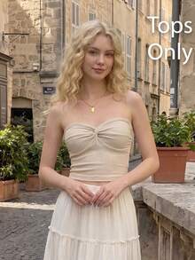 SHEIN x Marika Sila SHEIN MOD Top tubo de verano de punto acanalado con detalle de nudo adelante - Beis - Ver 6