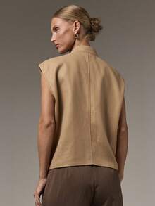 COSMINA Women's Elegant Modest Minimalist Street Style Double Pocket Button-Up Vest Jacket Camel Zipper Front Design Summer Office - Khaki - View 6