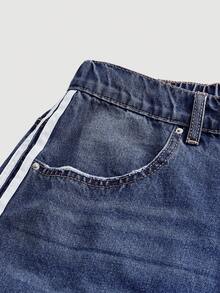 SHEIN MOD 大尺碼夏季休閒撞色條紋蝴蝶結裝飾牛仔短褲 Jorts 牛仔短褲 - 深色水洗藍 - 查看 5