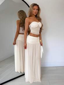 TRNVIE Sexy Minimalist Sexy Elegant Soft Feminine Young Lady Mesh Semi-Sheer Top With Side Waist Ruched Slimming Low Waist Full Skirt Flowy Dress Spring Summer Beach Vacation Afternoon Tea Date Candlelight Dinner Gentle Creamy Apricot Women's 2-Piece Set - Apricot - View 5