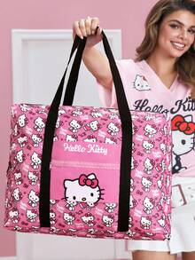 HELLO KITTY AND FRIENDS | SHEIN 可愛貓咪印花可折疊旅行托特包，大容量，行李套筒設計，輕量旅行/上學適用，附前口袋 - 黑粉白 - 查看 1