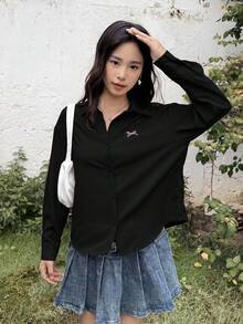 SHEIN Kemeja Musim Dingin Lengan Panjang Kasual Longgar Minimalis Nyaman untuk Remaja Perempuan, Berkerah, dengan Bordir dan Motif Pita, Cocok untuk Kembali ke Sekolah. - Hitam - View 3