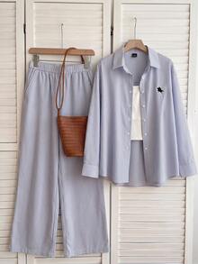 SHEIN EZwear 女款藍白條紋梭織長袖襯衫與長褲休閒套裝，適合夏季上衣、通勤、約會、學校教師、畢業 - 藍色 - 查看 4