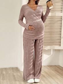 SHEIN 孕婦純色長袖T恤與長褲休閒哺乳兩件套 秋季 - 藕粉色 - 查看 5