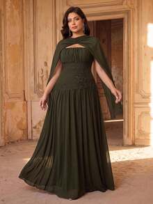 Aureia Plus Size Elegant Classy Olive Green Strapless Ruched Applique Shawl Asymmetrical A-Line Dress Wedding Formal Evening Dinner Winter - Army Green - View 3