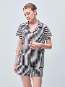 Softvol Women's Striped Heart-Shaped Casual Pajama Set With Elastic Waist Shorts, Suitable For Spring, Summer And Autumn - Black - View 3