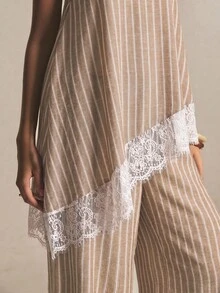 Poéselle Women's Beige Stripe Contrast Lace Asymmetric Hem Halter Top And Wide Leg Pants 2 Pieces Set Summer Elegant Tropical Beach Brunch Vacation - Black - View 6