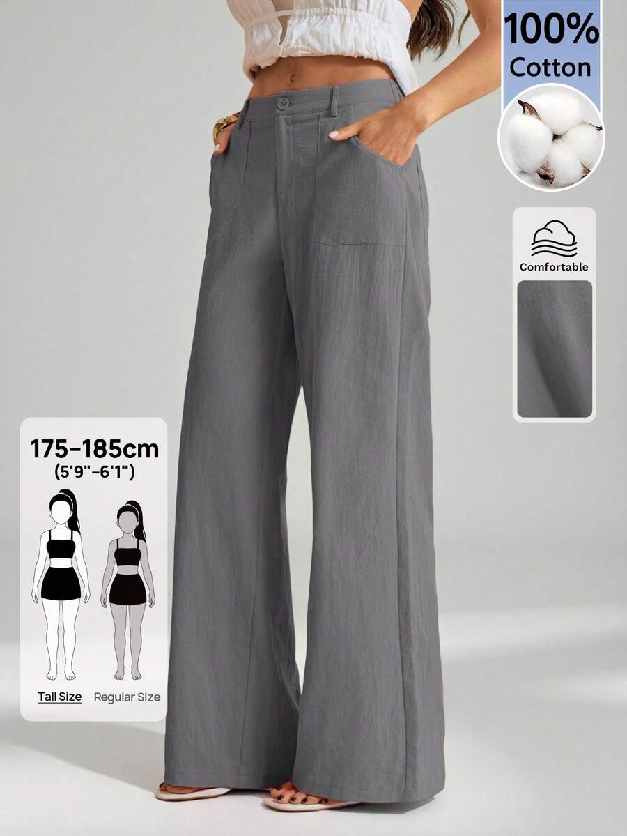 SHEIN Tall 100%水洗棉低腰直筒長褲,適合高個女性 - 灰色 - 查看 1