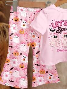 可愛粉色萬聖節女孩亮片蝴蝶結與幽靈圖案，Summerween，Little Miss Bootiful，Trick Or Treat！小女孩休閒極簡圓領短袖T恤與喇叭褲秋季兩件套，等待萬聖節！新季節新品上市！ - 彩色 - 查看 5