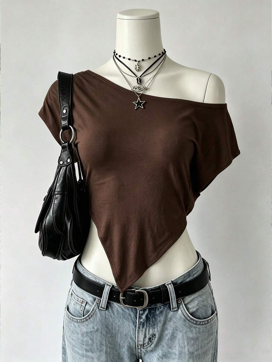 Lalippa Women's Off Shoulder Slim Fit Solid Color Crop Short Sleeve Top With Irregular Triangle Hem - Multicolor - View 1