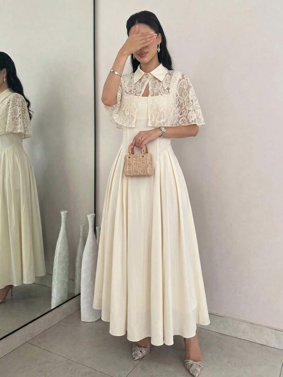 Modelyn 女款春夏季杏色編織無袖吊帶腰部收腰抓皺蕾絲拼接假兩件式優雅浪漫阿拉伯風洋裝