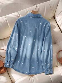 SHEIN MOD 女款愛心刺繡牛仔上衣 - 淺色水洗藍 - 查看 2