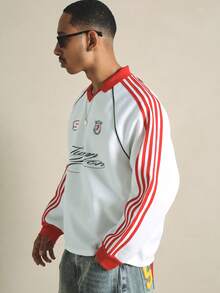 SUMWON Men's Oversized Long Sleeve Rugby Jersey Top With Stripe Sleeves Script Print Collared Pullover - Multicolor - View 4