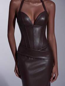Elitara Elegant Fashionable Coffee Brown Faux Leather Halter Neck Corset Mermaid Dress Backless Bodycon Sweetheart Floor Length Prom Wedding Formal Gown - Coffee Brown - View 6