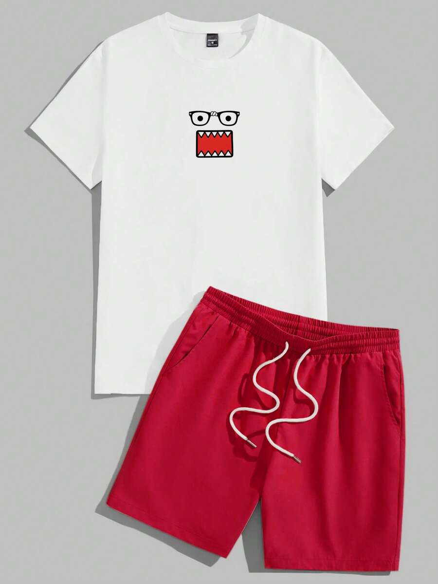 FROVYX 男士趣味卡通印花T恤與抽繩短褲休閒套裝，怪獸對比紅白配色，一鍵換新夏季造型，簡約而亮眼 - 彩色 - 查看 1