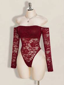 SHEIN ICON 女款蕾絲露肩性感百搭長袖連身衣 - 酒紅色 - 查看 4