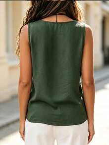 EMERY ROSE Women's Plus Size Casual Solid Color Cotton Fabric Round Neck Button Decor Sleeveless Blouse Formal Vacation Dark Green Summer - Green - View 2