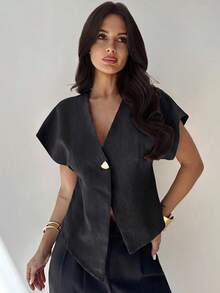 Firerie Women's Solid Color Metal Single Button Batwing Short Sleeve Regular Jacket - Dark Grey - View 7