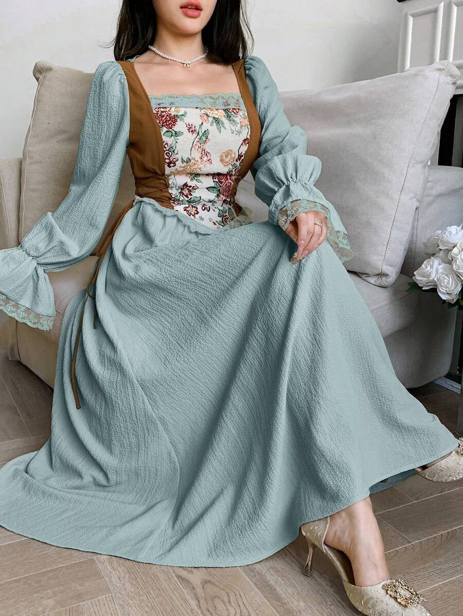 Modelyn 女士优雅撞色提花连衣裙 - 綠色 - 查看 1