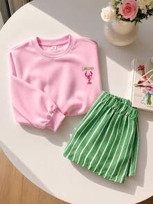 SHEIN 青少年女孩粉綠色龍蝦條紋字母印花寬鬆運動衫與短褲休閒兩件套 - 彩色 - 查看 3