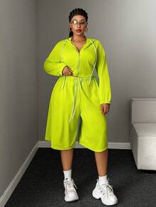 Mawevolt Plus Size Women's Fluorescent Green Minimalist Casual Set Hoodie Zip-Up Loose Relaxed Wide-Leg Capri Pants Drawstring Two Pieces Set Fall - Green - View 4