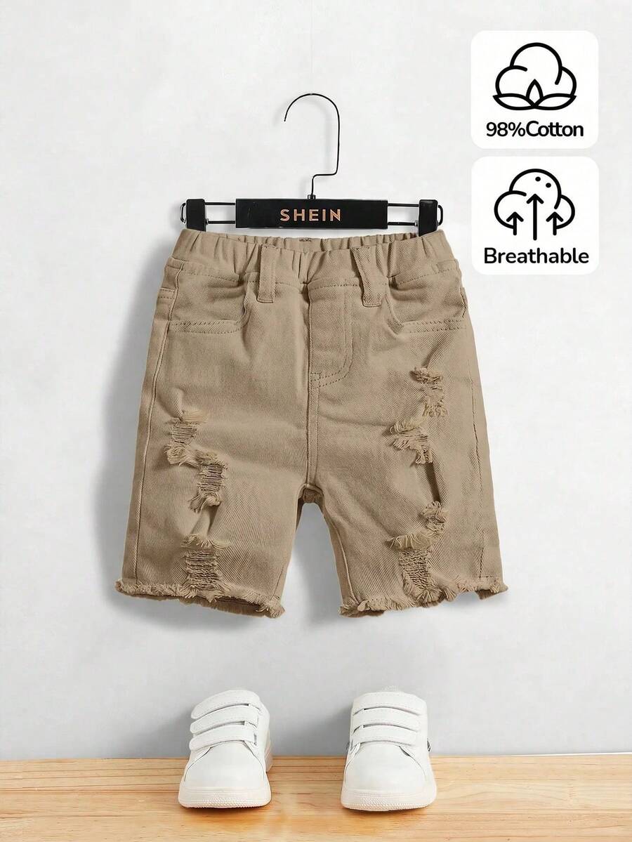 SHEIN 兒童小男孩夏季休閒破洞牛仔短褲 - 卡其色 - 查看 1