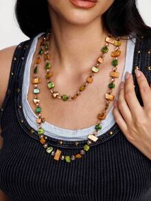 Kryxie 1pc Vintage Bohemian Style Colorful Shell Beaded Double Layer Long Necklace Sweater Chain Suitable For Women Beach - Multicolor - View 5