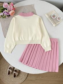 Tween Girl Sweater Set, Peter Pan Collar And Bow, Geometric Diamond Knit Pattern, Soft And Comfortable Fabric,Long Sleeve,Fall Winter Back To School - Pink - View 2