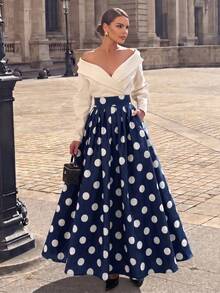 Anewsta Fall Classic 1960s Vintage Elegant Retro Polka Dot Holiday Party A-Line Skirt For Women Blue - Navy Blue - View 4